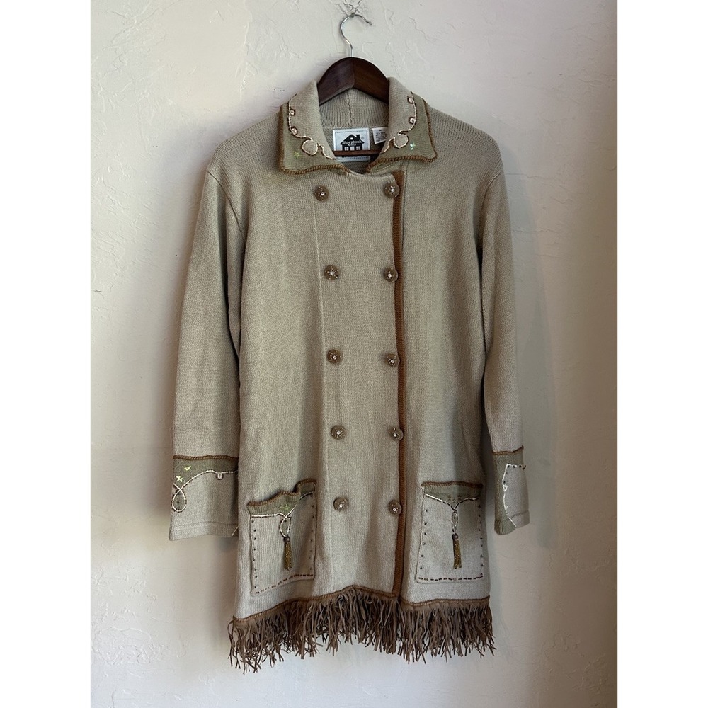 Storybook Knits Cardigan Duster Coat M Beaded Fringe Boho Whimsical Novelty‎